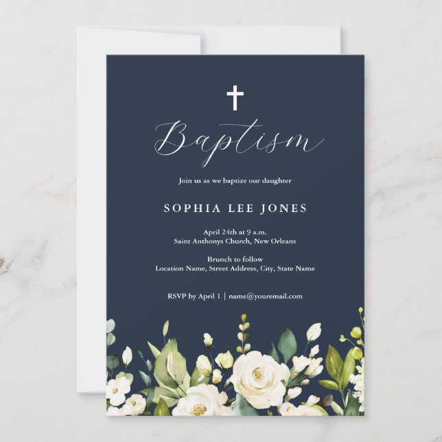 Invitation Baptême Fleurs Neutres Aquarelle Navy  (Devant)