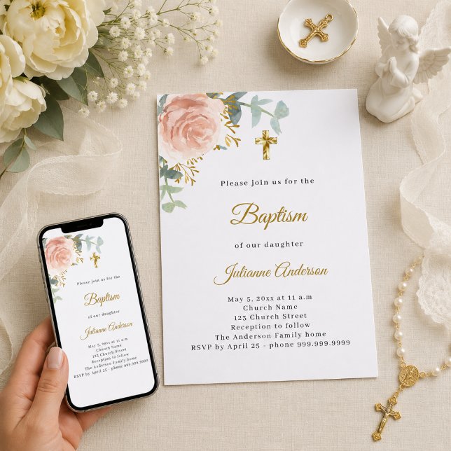 Invitation Baptême fleurs roses fille croix dorée (Créateur téléchargé)