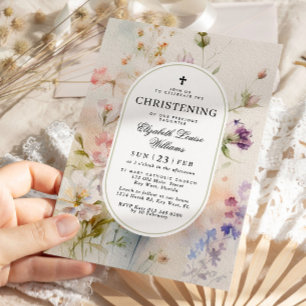 Invitation Baptême Fleurs Sauvages Aquarelle Boho Élégant
