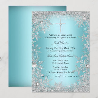 Invitation Baptême flocon de neige cristal argent bleu