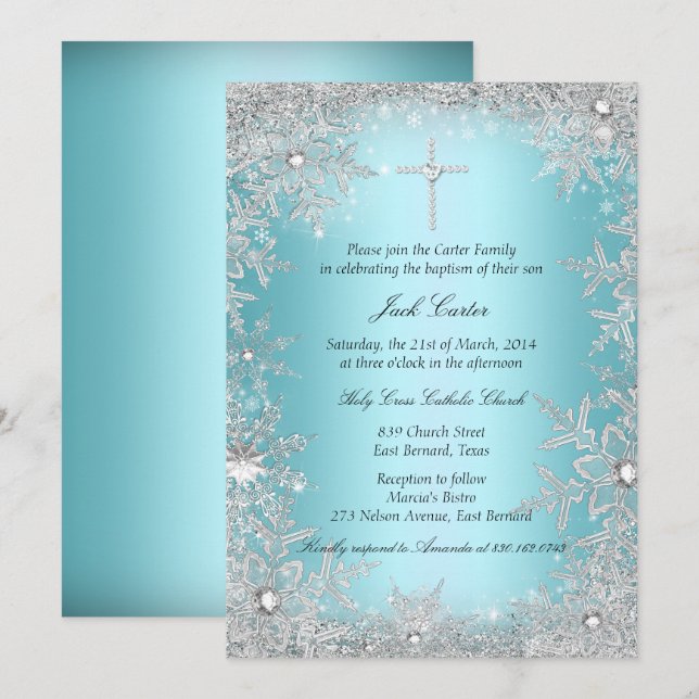 Invitation Baptême flocon de neige cristal argent bleu (Devant / Derrière)