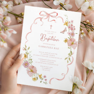 Invitation Baptême floral à ruban rose