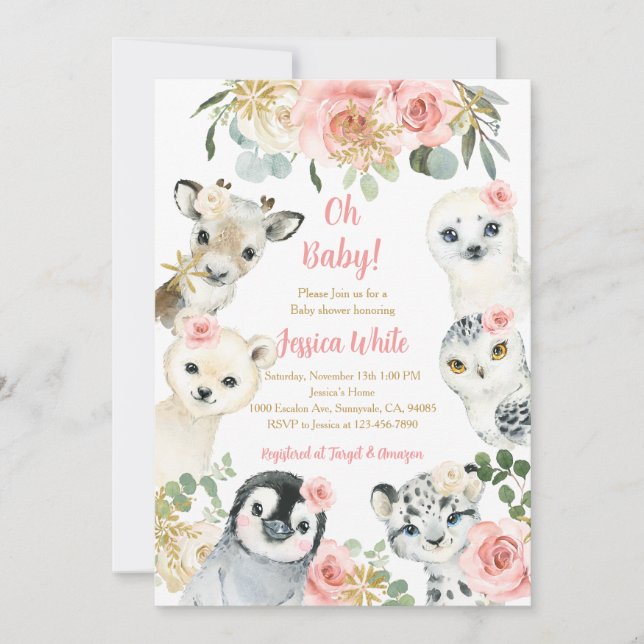 Invitation Baptême Floral Animaux Flocons de Neige Bébé (Devant)