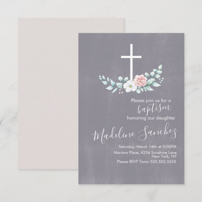 Invitation Baptême floral aquarelle croix bébé dédicace (Devant / Derrière)