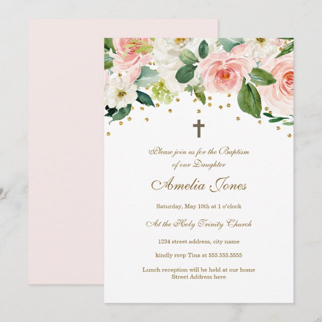 Invitation Baptême floral aquarelle or rose (Devant / Derrière)