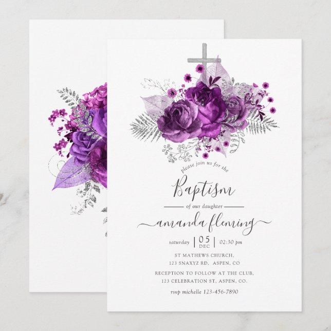 Invitation Baptême floral aquarelle prune et argent (Devant / Derrière)