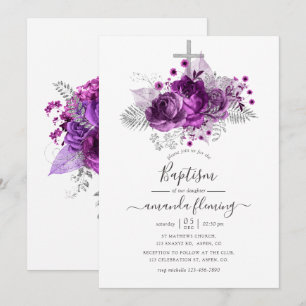Invitation Baptême floral aquarelle prune et argent