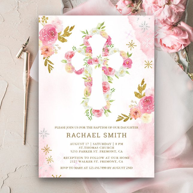 Invitation Baptême floral aquarelle rose doré (Créateur téléchargé)
