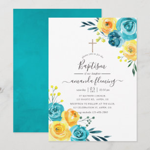 Invitation Baptême Floral Aquarelle Turquoise et Jaune