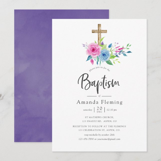 Invitation Baptême floral aquarelle ultra violet (Devant / Derrière)