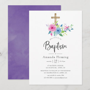 Invitation Baptême floral aquarelle ultra violet