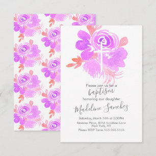 Invitation Baptême floral aquarelle violet Dédicace bébé