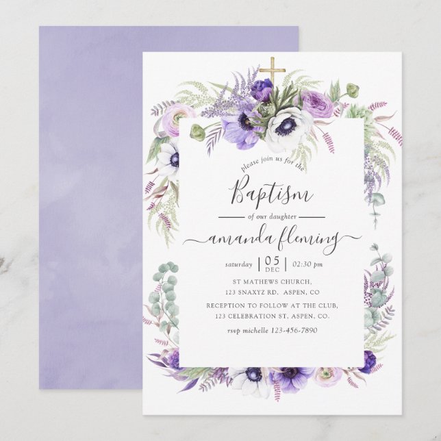 Invitation Baptême floral aquarelle violet poussiéreux (Devant / Derrière)