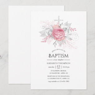 Invitation Baptême floral argent et rose iridescent