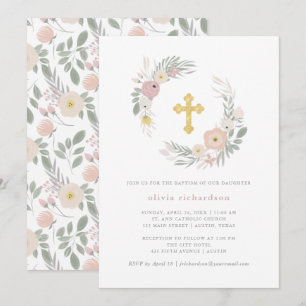 Invitation Baptême floral assez rose de la guirlande  