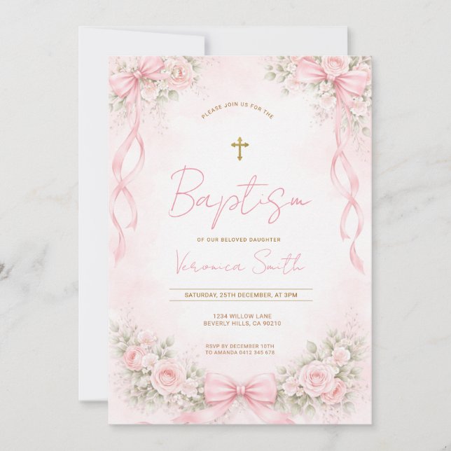 Invitation Baptême floral avec nœud rose pour fille (Devant)