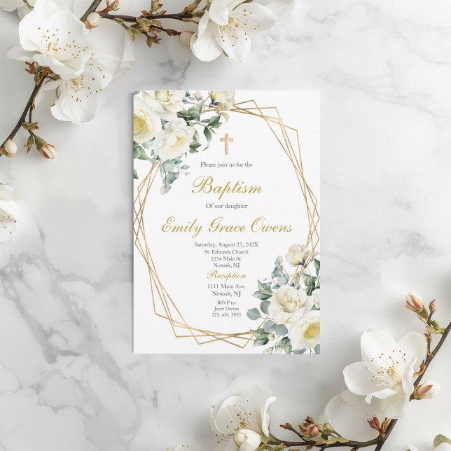 Invitation Baptême floral blanc (Créateur téléchargé)