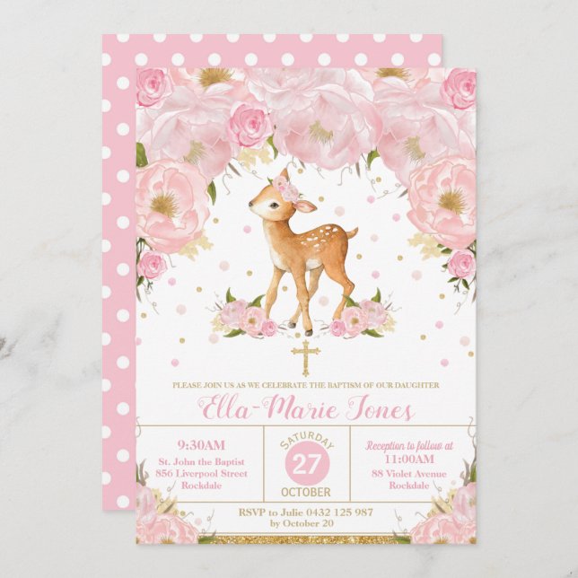 Invitation Baptême floral blanc cerf fille Christening (Devant / Derrière)