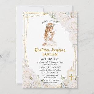 Invitation Baptême floral blanc chic Christening Prier Girl