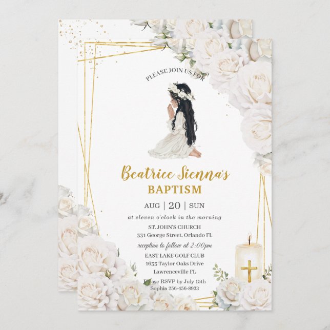 Invitation Baptême floral blanc chic Christening Prier Girl (Devant / Derrière)
