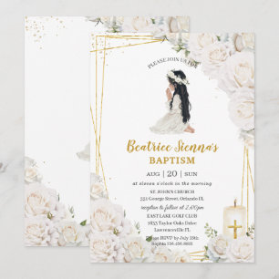 Invitation Baptême floral blanc chic Christening Prier Girl