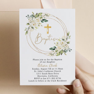 Invitation Baptême Floral Blanc Christening Gold Frame