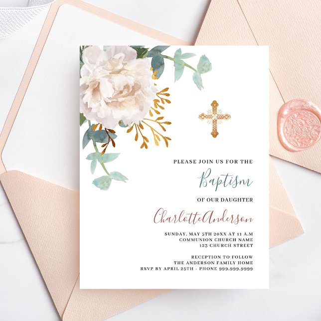 Invitation baptême Floral blanc croix budget (Créateur téléchargé)