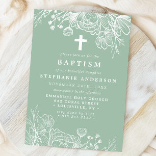 Invitation Baptême Floral Blanc et Menthe Poussiéreux