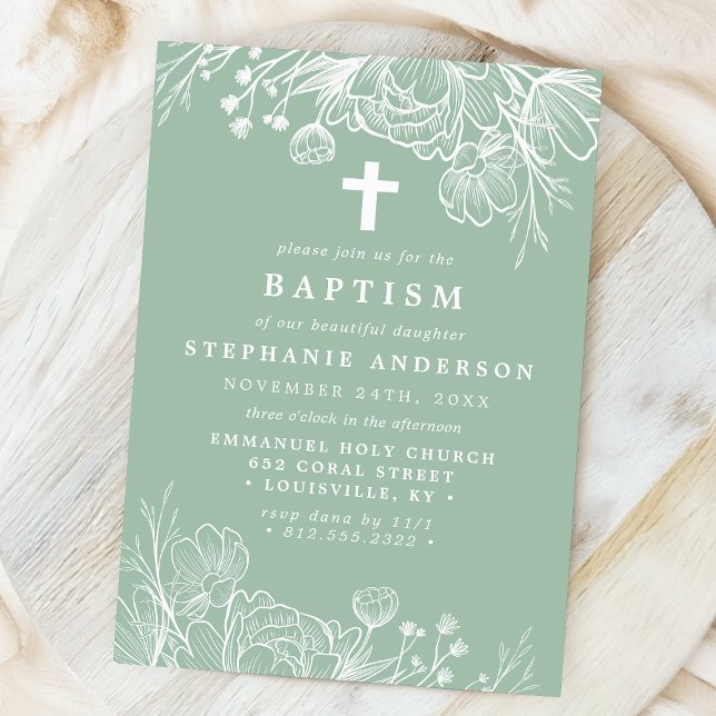 Invitation Baptême Floral Blanc et Menthe Poussiéreux (Créateur téléchargé)