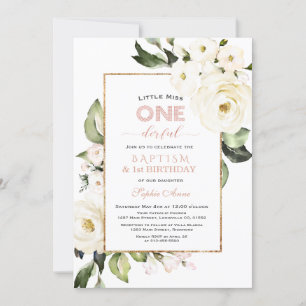Invitation Baptême Floral Blanc Or tendance Premier anniversa