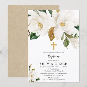 Invitation Baptême floral blanc rustique de verdure de