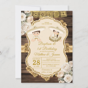 Invitation Baptême Floral Blanc Twin Boy & Girl 1er anniversa