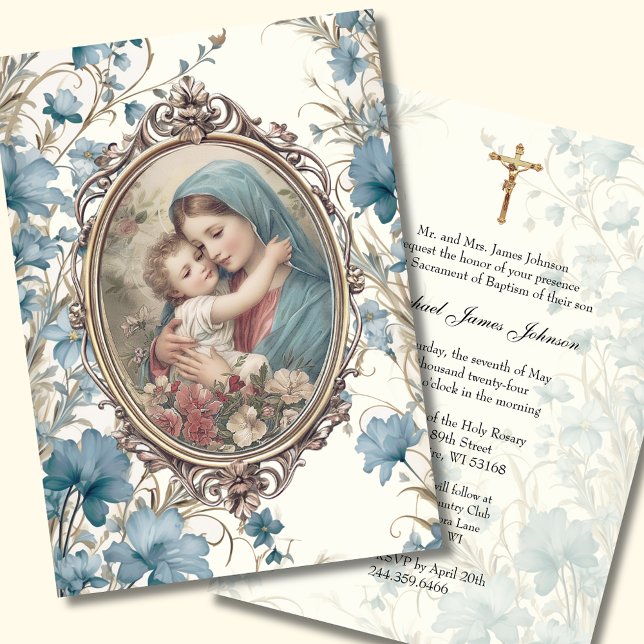 Invitation Baptême Floral Bleu Catholique Baptême Bébé (Créateur téléchargé)