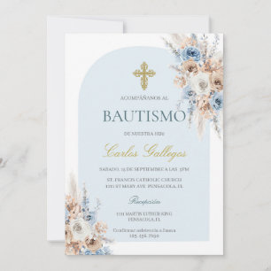 Invitation Baptême floral bleu clair