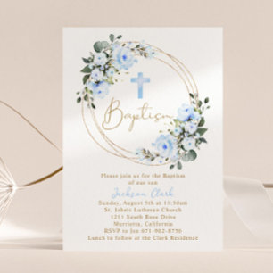 Invitation Baptême Floral Bleu Clair Christening Gold Frame
