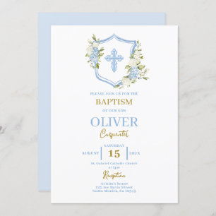 Invitation Baptême Floral Bleu Crest