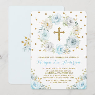 Invitation Baptême floral bleu doux doré Baptême
