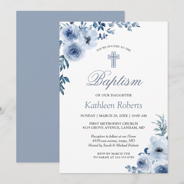 Invitation Baptême floral bleu Dusty Baptême (Devant / Derrière)