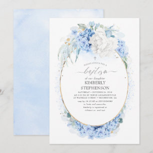 Invitation Baptême floral bleu et blanc Dusty
