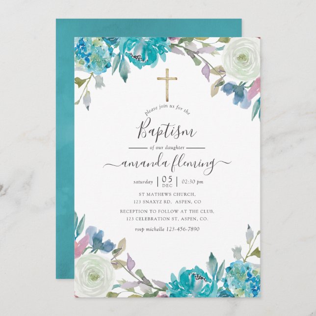 Invitation Baptême floral bleu et turquoise (Devant / Derrière)