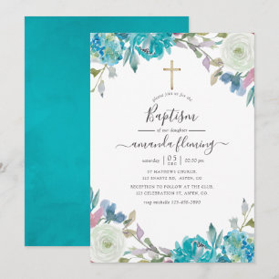 Invitation Baptême floral bleu et turquoise