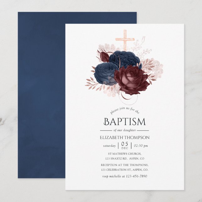 Invitation Baptême floral bleu marine et bordeaux (Devant / Derrière)