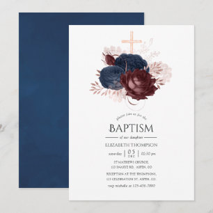 Invitation Baptême floral bleu marine et marron