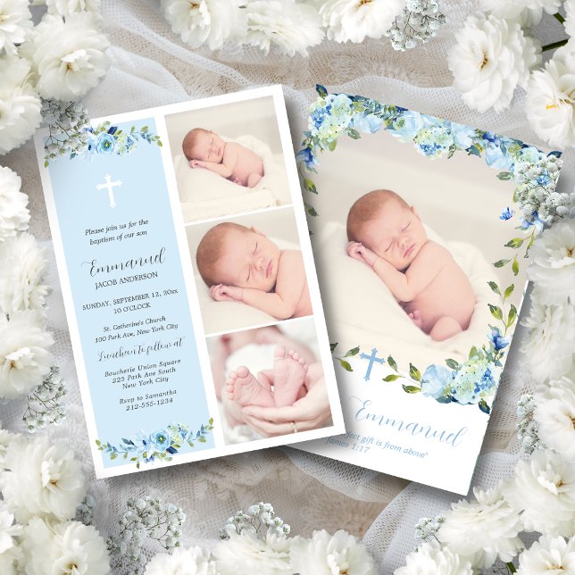 Invitation Baptême Floral bleu multiphoto pour garçons (Blue floral baptism invitation for baby boys with a simple Christian cross and a modern script font.)