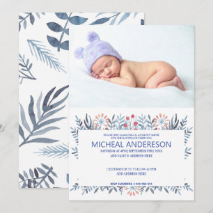 Invitation Baptême floral bleu photo personnalisé