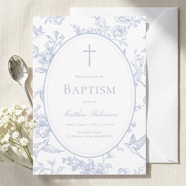 Invitation Baptême Floral Bleu Poussiéreux (Créateur téléchargé)
