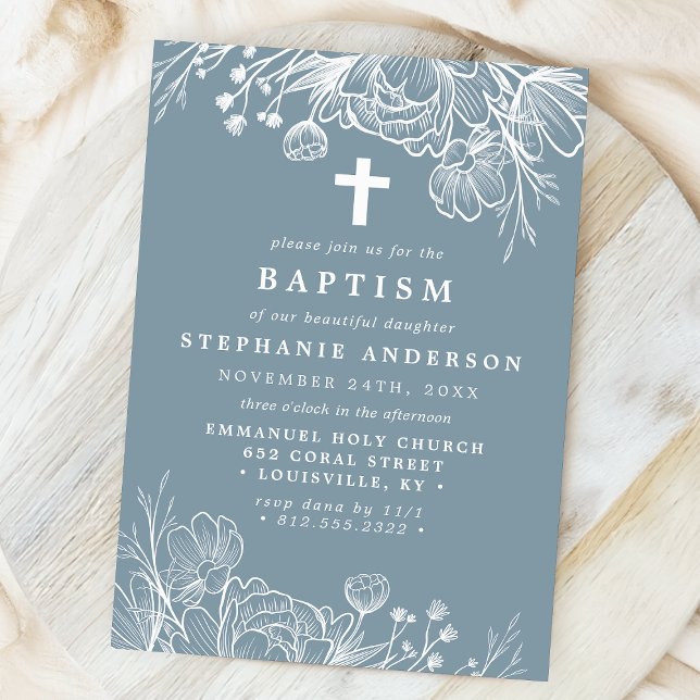 Invitation Baptême Floral Bleu Poussiéreux et Blanc (Créateur téléchargé)