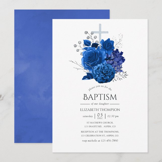 Invitation Baptême floral bleu royal et argent (Devant / Derrière)