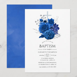 Invitation Baptême floral bleu royal et argent