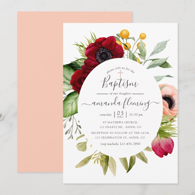 Invitation Baptême floral bohème aquarelle (Devant / Derrière)